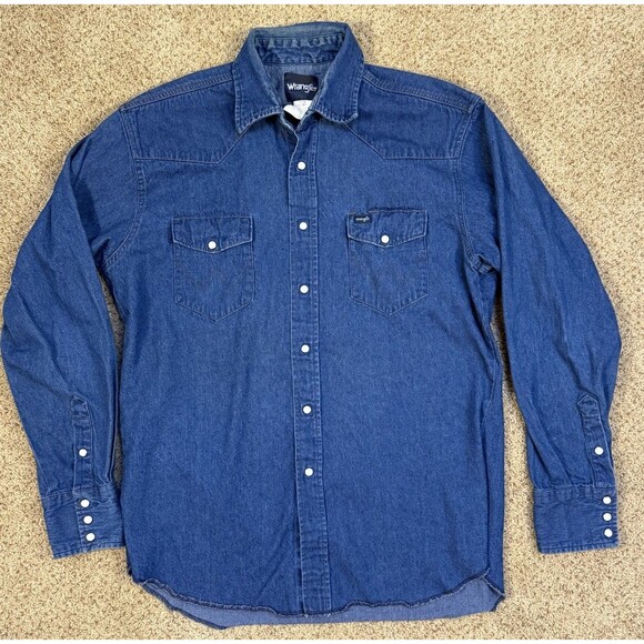 Vtg Wrangler Shirt Mens XL 17x36 Denim Pearl Snap Western Work 90s Cowboy - Picture 2 of 10